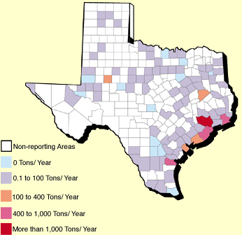 ANNUAL BENZENE POINT SOURCE EMISSIONS IN TEXAS MAP